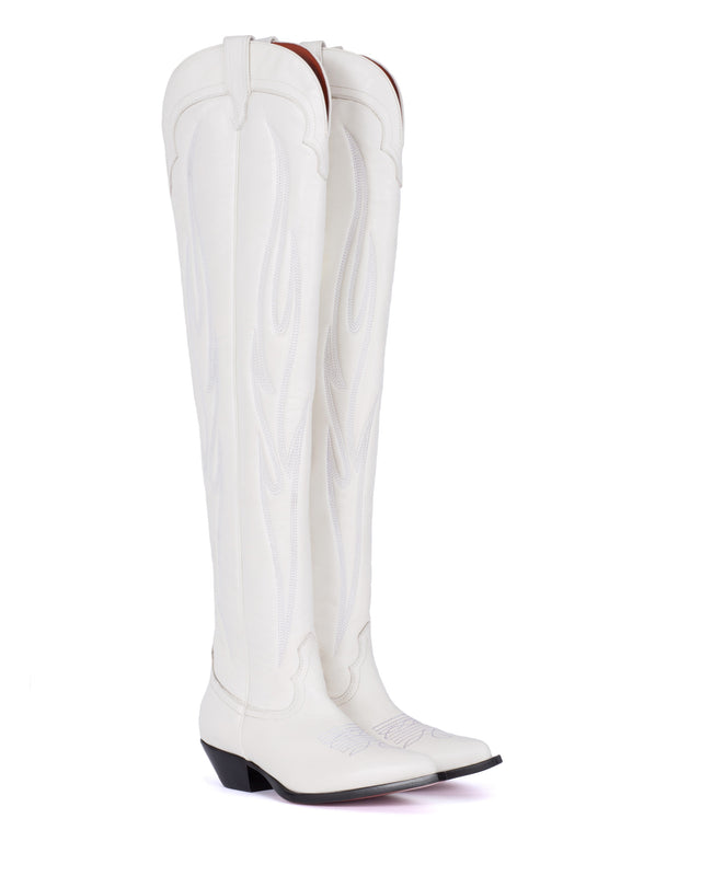Hermosa Women's Over The Knee Boots in White Calfskin | On Tone Embroidery 01